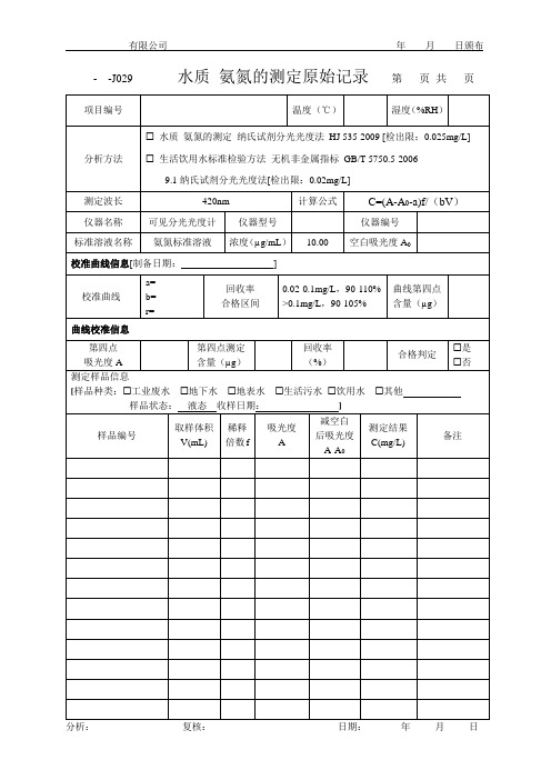 水质 氨氮的测定原始记录