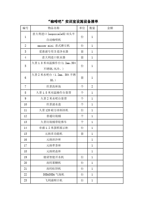 “咖啡吧”实训室设施设备清单