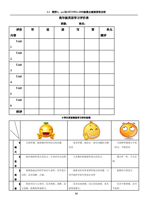 高年级英语学习评价表