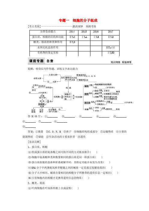 2018届高考生物大二轮复习 第1部分 重点讲练突破 专题一 细胞的分子组成练习