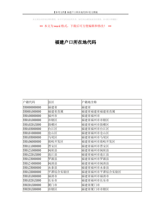 【参考文档】福建户口所在地代码-范文模板 (4页)