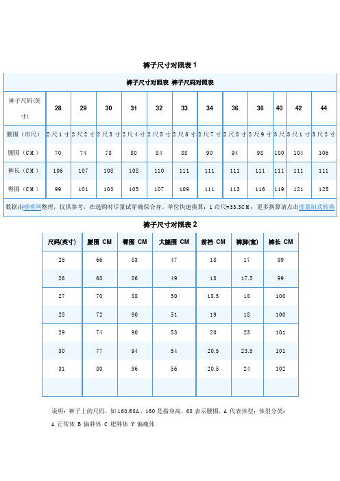 裤子尺码对照表