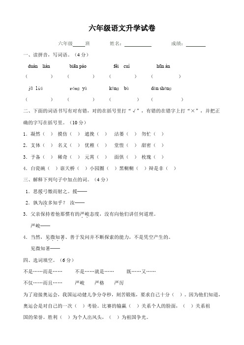 人教版小学六年级语文升学考试综合试卷及答案