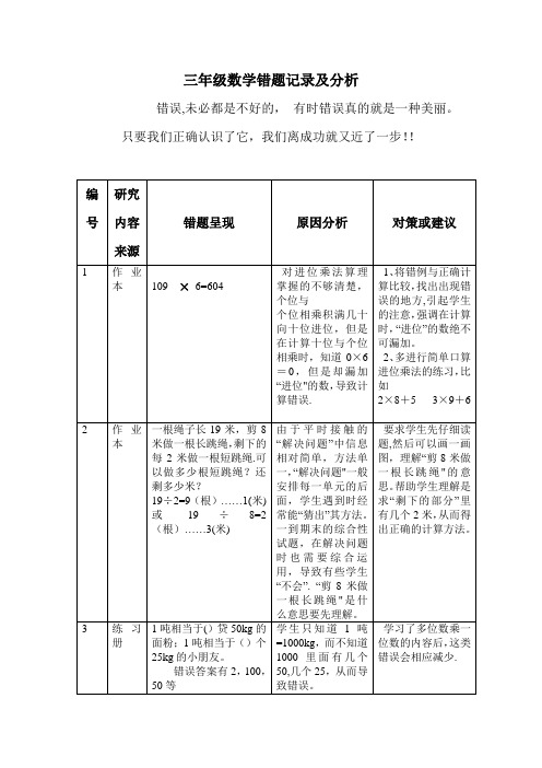 三年级数学错题记录及分析