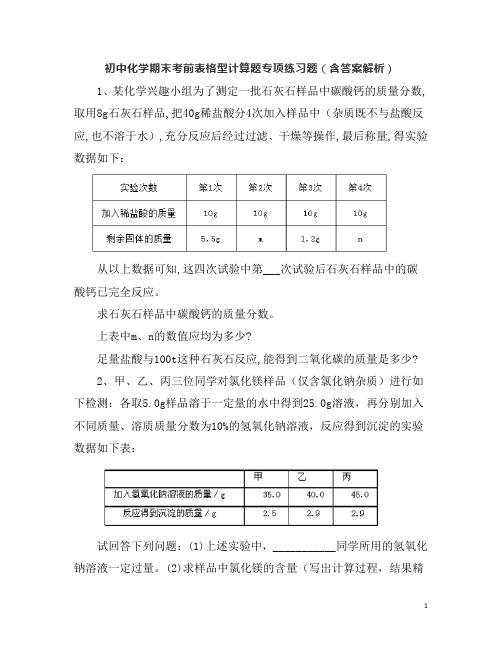 初中化学期末考前表格型计算题专项练习题(含答案解析)