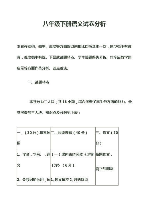 八年级下册语文试卷分析