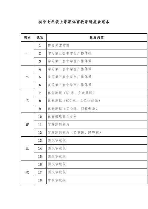 初中七年级上学期体育教学进度表范本