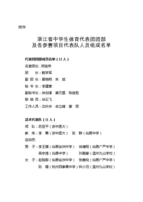 浙江省中学生体育代表团团部成员及各参赛项目代表队名单