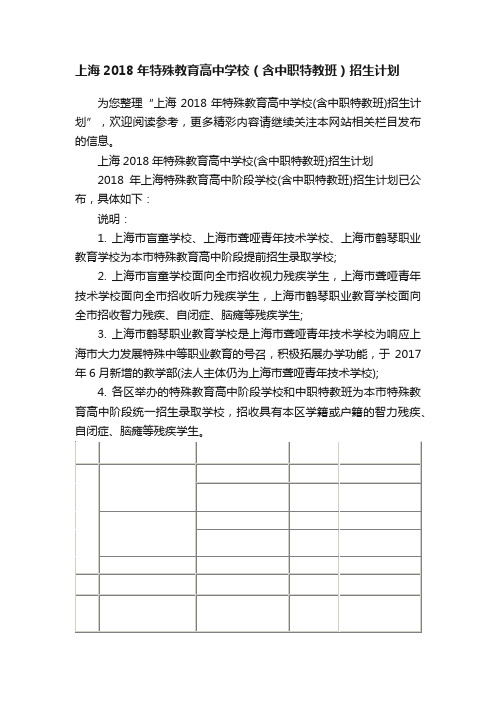 上海2018年特殊教育高中学校(含中职特教班)招生计划