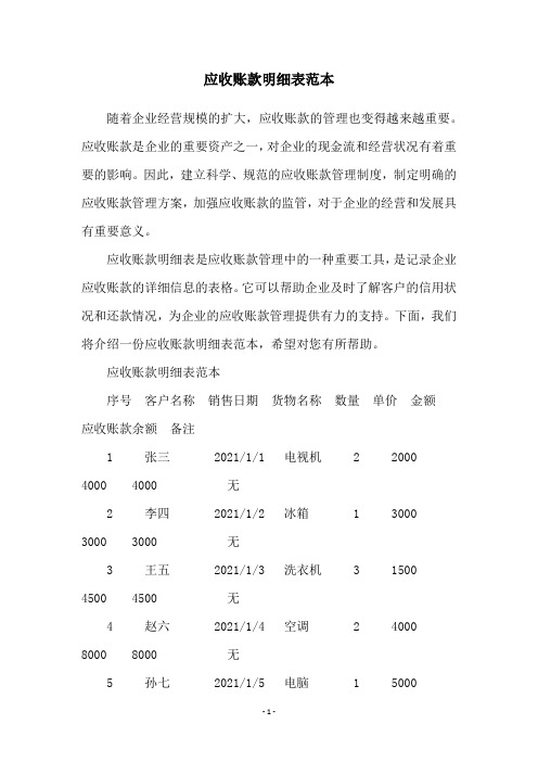 应收账款明细表范本