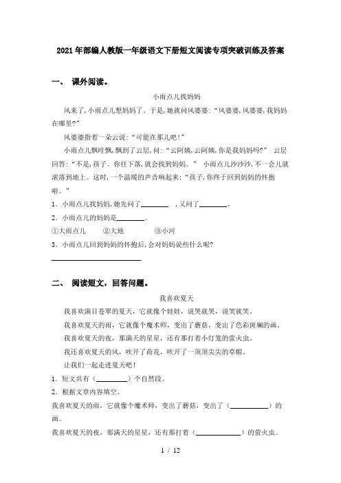 2021年部编人教版一年级语文下册短文阅读专项突破训练及答案