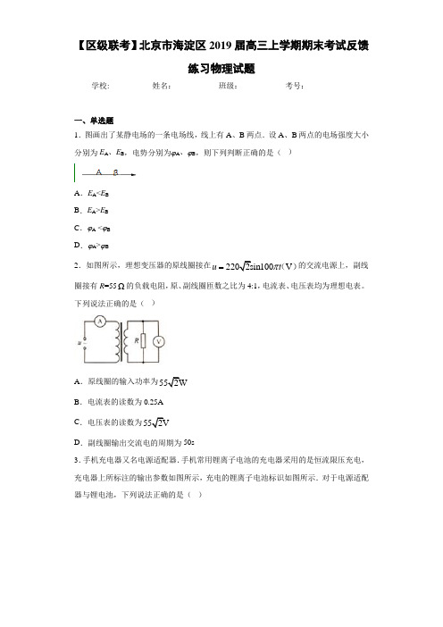 【区级联考】北京市海淀区2021届高三上学期期末考试反馈练习物理试题