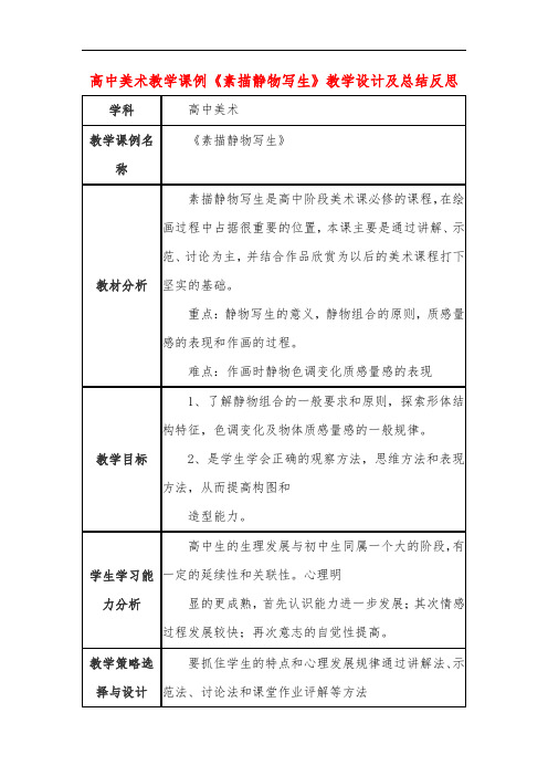 高中美术教学课例《素描静物写生》课程思政核心素养教学设计及总结反思