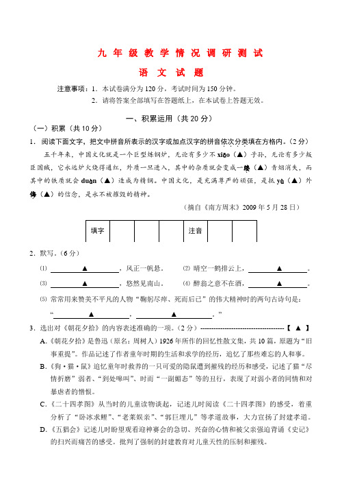 九年级语文教学情况调研测试苏教版