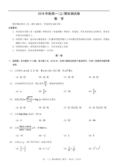 重庆市部分区县2018-2019学年高一上学期期末测试数学试题 PDF版含答案