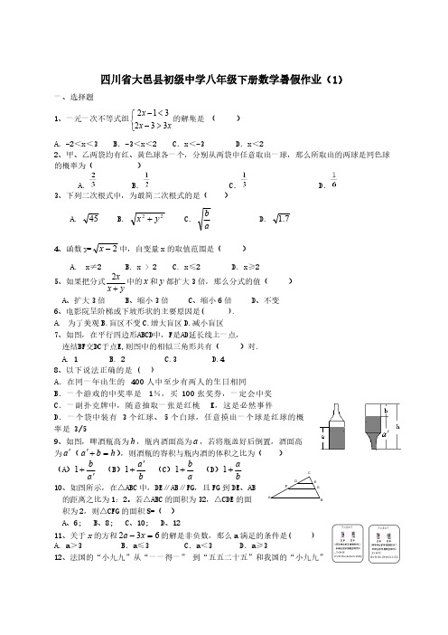 四川省大邑县初级中学八年级下册数学暑假作业(1)