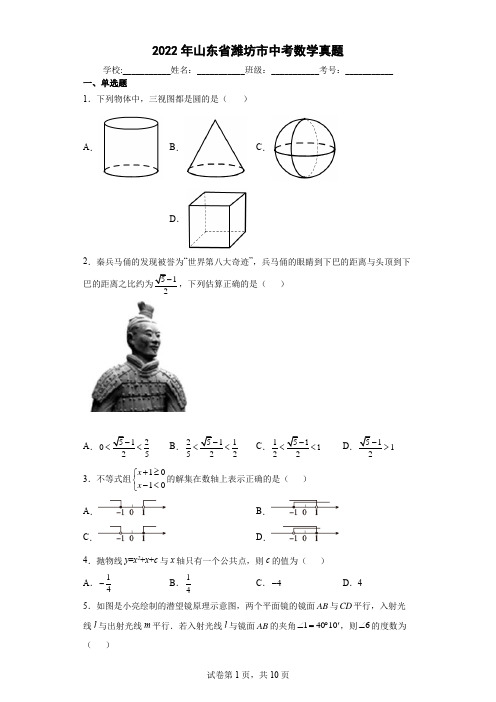 2022年山东省潍坊市中考数学真题(含答案解析)