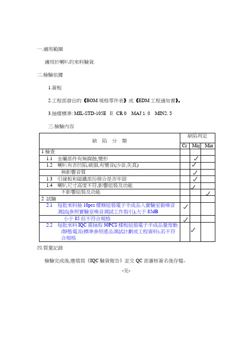 喇叭来料检验作业指导书