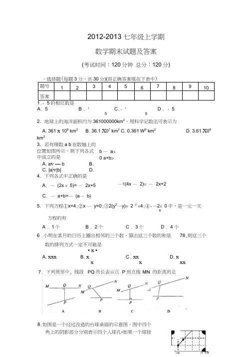 2012-2013七年级上学期数学期末试题及答案,推荐文档