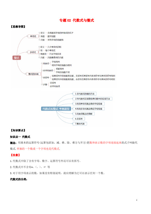 2020年中考数学一轮复习 基础考点及题型 专题02 代数式和整数(含解析)