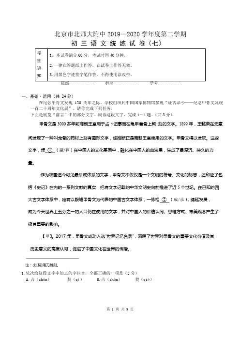 北京市北京师范大学附属中学2019—2020学年第二学期九年级语文统练试卷(七)(无答案)