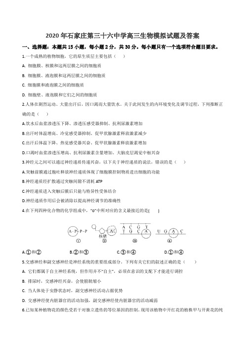 2020年石家庄第三十六中学高三生物模拟试题及答案