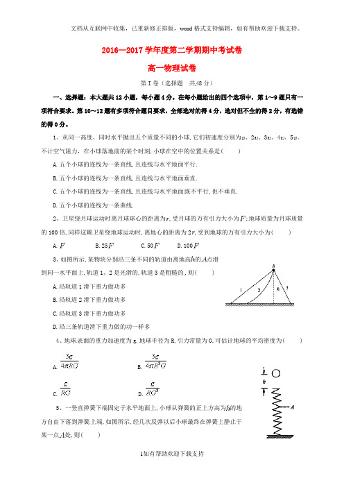 河北邯郸市(大名县、永年区、磁县、邯山区)四县2020学年高一物理下学期期中联考试题
