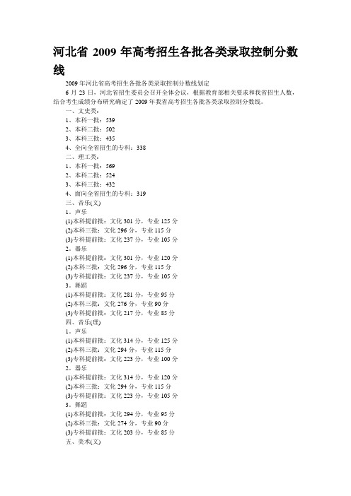 河北省2009年高考招生各批各类录取控制分数线