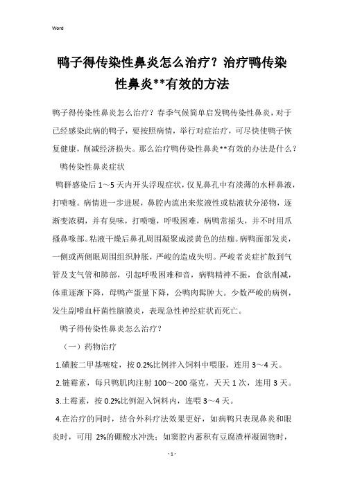 鸭子得传染性鼻炎怎么治疗？治疗鸭传染性鼻炎--有效的方法