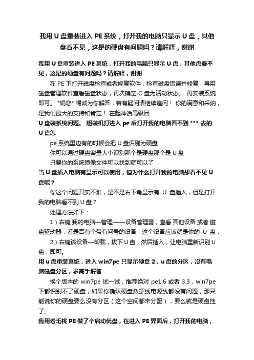 我用U盘重装进入PE系统，打开我的电脑只显示U盘，其他盘看不见，这是的硬盘有问题吗？请解释，谢谢