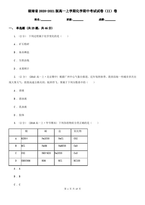 湖南省2020-2021版高一上学期化学期中考试试卷(II)卷