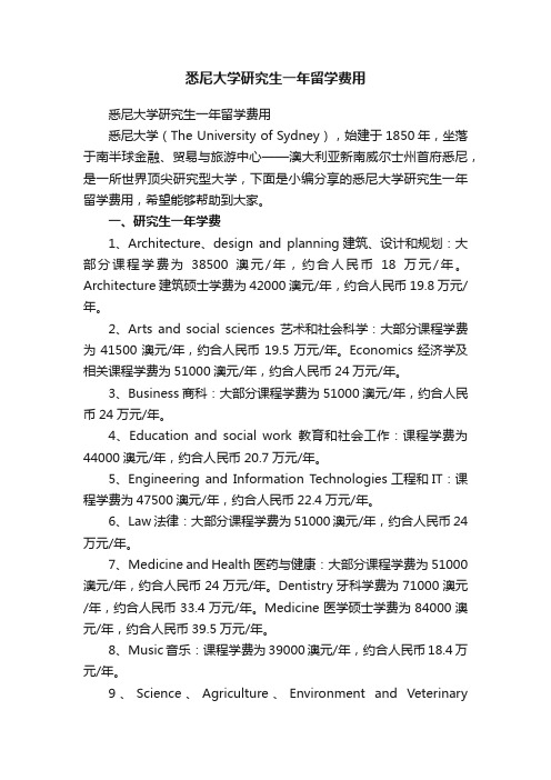 悉尼大学研究生一年留学费用