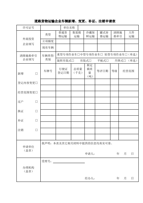 道路货物运输企业车辆新增变更补证注销申请表