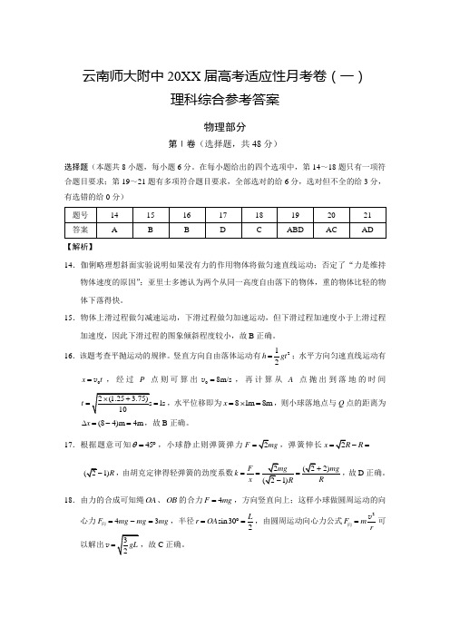 云南师大附中高考适应性月考卷物理答案