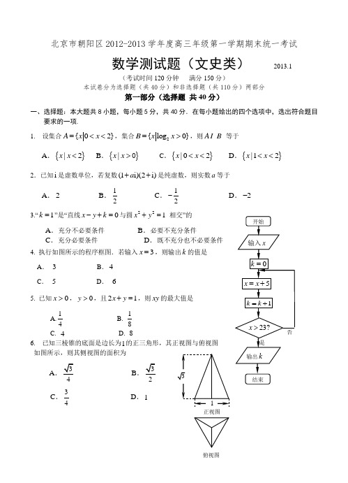 北京市朝阳区2013届高三上学期期末考试数学文试题