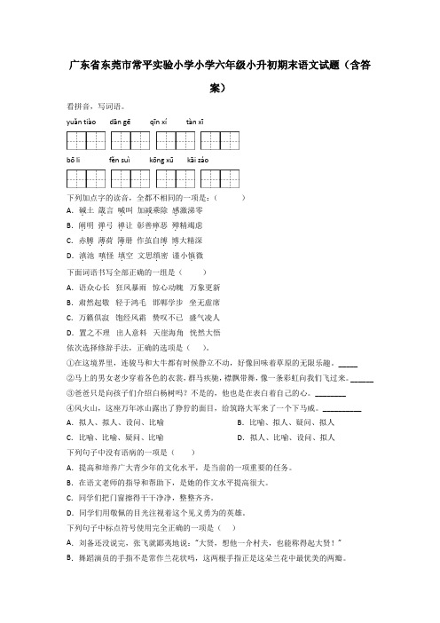 广东省东莞市常平实验小学小学六年级小升初期末语文试题(含答案)