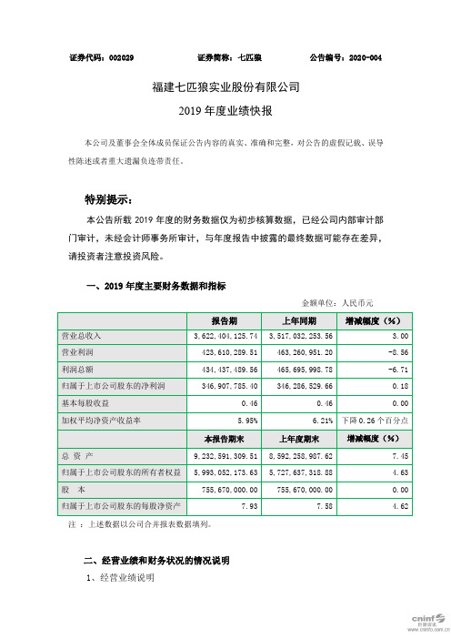 七匹狼：2019年度业绩快报