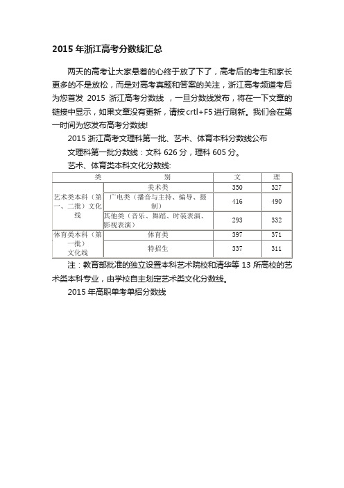 2015年浙江高考分数线汇总