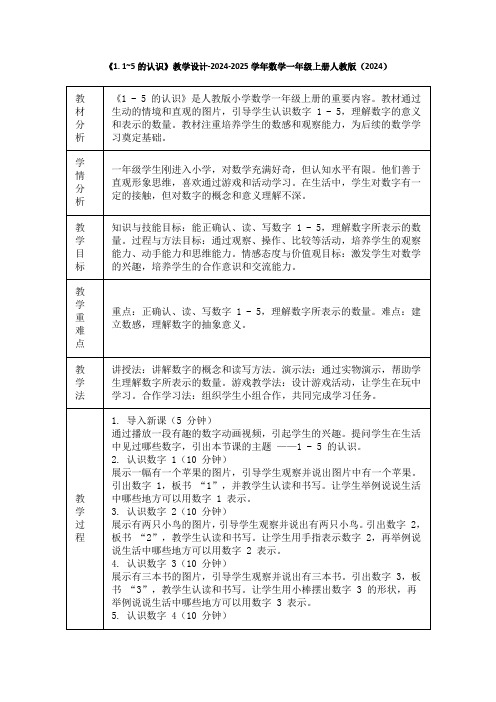 《1~5的认识》教学设计-2024-2025学年数学一年级上册人教版(2024)