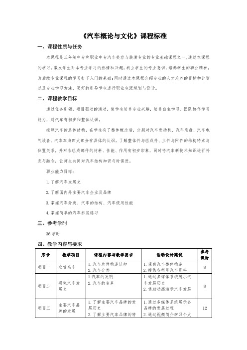 《汽车概论与文化》课程标准