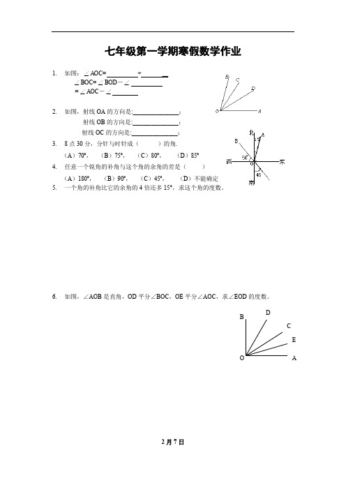 七年级第一学期2020年寒假数学作业(含答案).doc