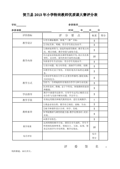 小学教师优质课大赛评分表