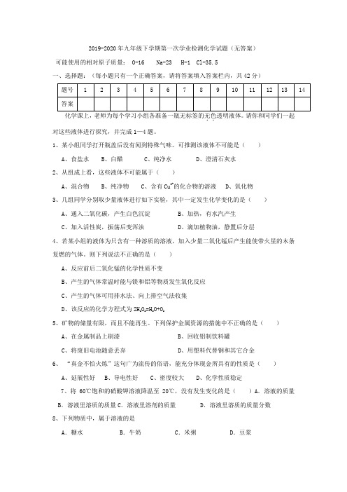 2019-2020年九年级下学期第一次学业检测化学试题(无答案)