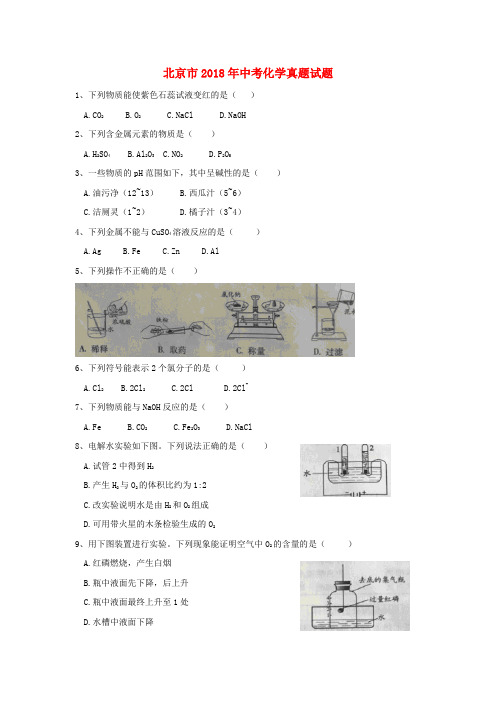 北京市2018年中考化学真题试题(含扫描答案)