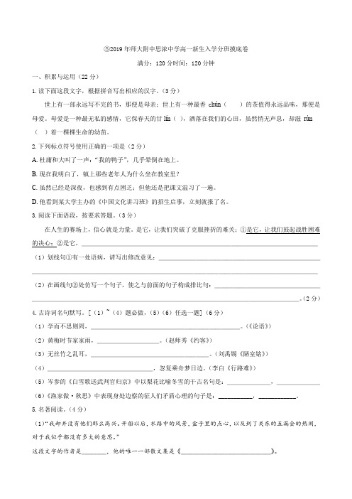 湖南师大附中思沁中学2019-2020年高一新生入学分班摸底考试语文考试试题