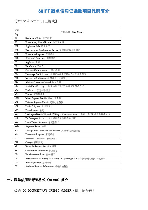 SWIFT信用证代码表及详解
