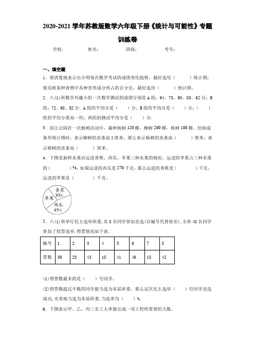 2020-2021学年苏教版数学六年级下册《统计与可能性》专题训练卷