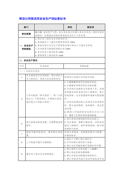 保洁公司保洁员安全生产目标责任书