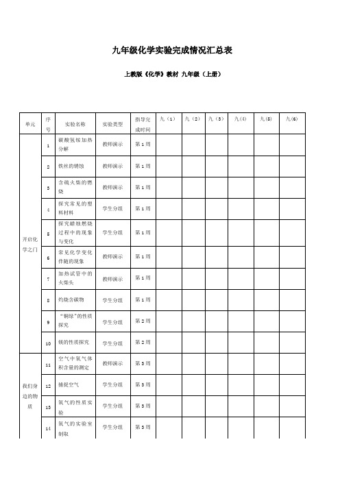 九年级化学实验完成情况汇总表