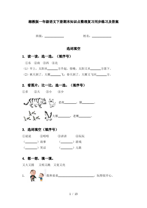 湘教版一年级语文下册期末知识点整理复习同步练习及答案